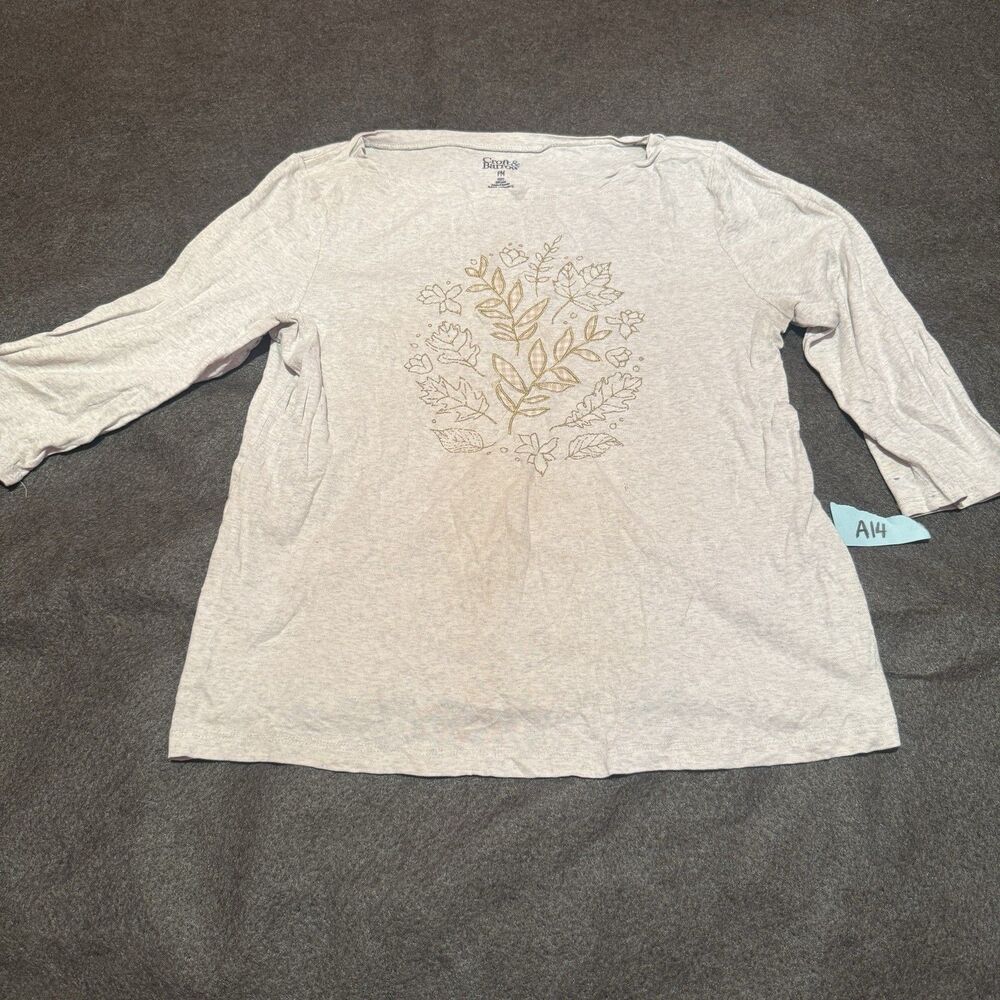 Croft & Borrow Womens TShirt PM Petite Medium Gray Flowers Leaves Embroidered